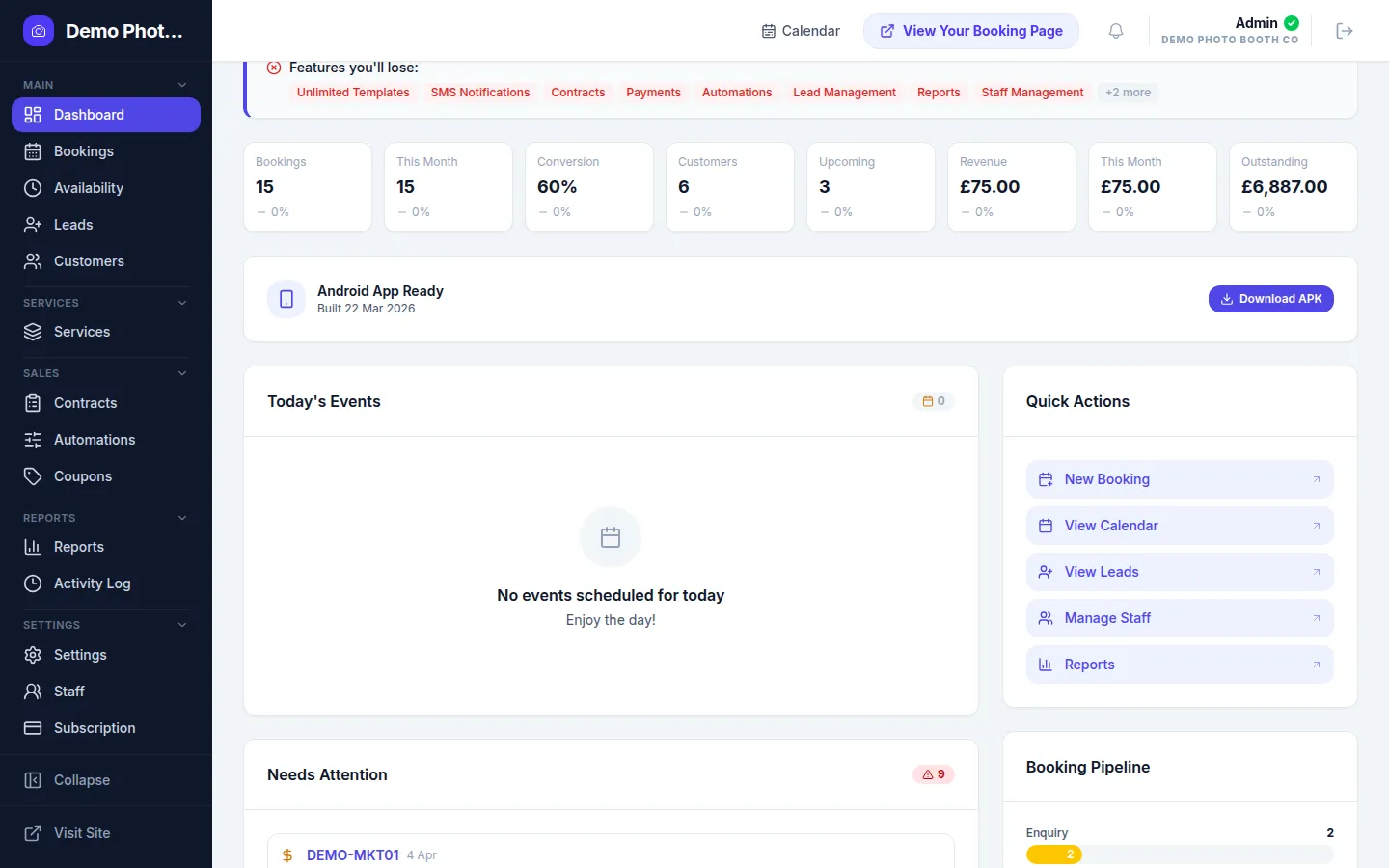BoothZen Dashboard showing bookings, revenue, and conversion stats